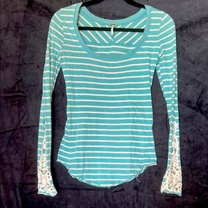 Free People XS Teal Striped Long Sleeve Embroidered